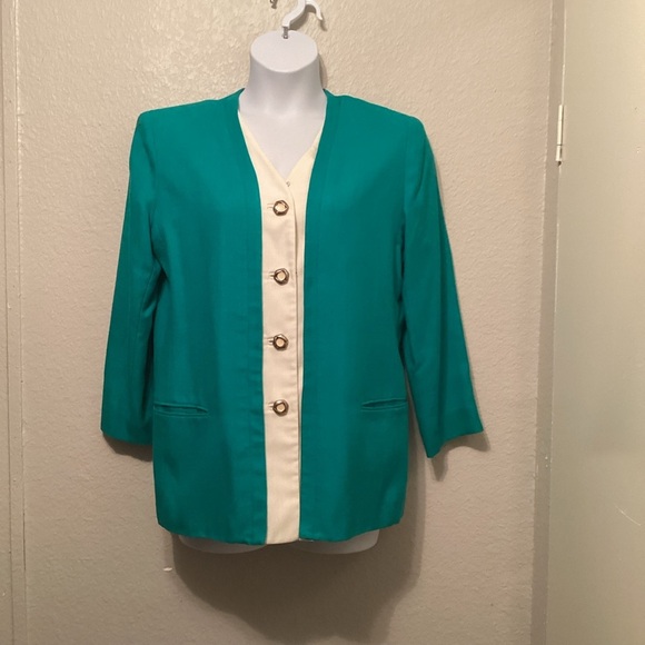 RAFAEL Green and Cream Blazer with 3/4 Sleeves 14 - Picture 6 of 6
